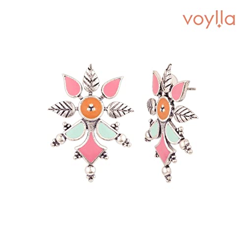 Brass Oxidised Plated Enamel Floral Dangle Earrings